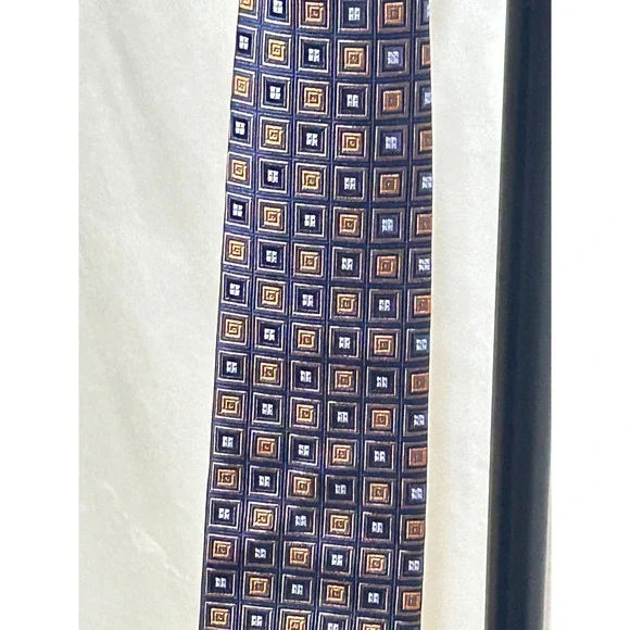 Robert Talbots Navy Blue Orange Geometric Square Pattern Silk Mens Tie